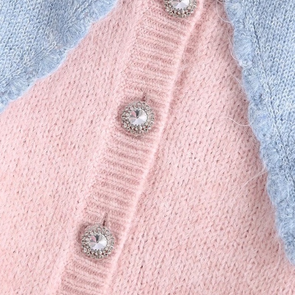 Cardigan sweater stone button pink blue collar short sweater knit - Picture 9 of 11